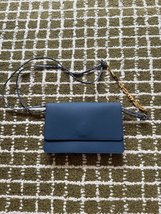 Jacquemus Handbags - Jacquemus Slate Blue Leather Wallet On Strap Crossbody Gold Logo Chain Detail